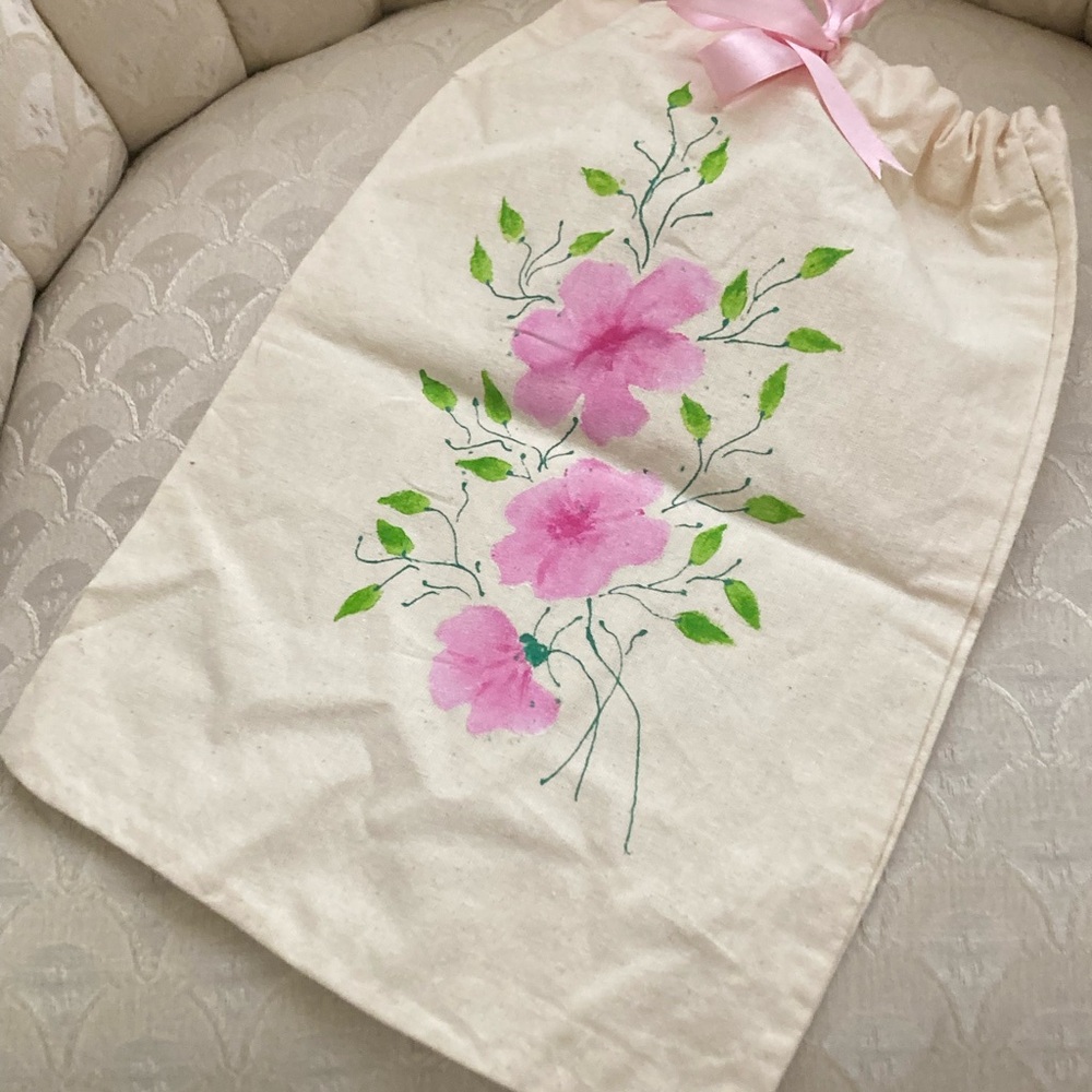 Floral Drawstring Bag with Pink Accents